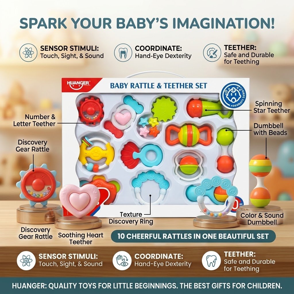 Huanger Baby Rattles &  Soft Silicone Teethers 12 Pieces Set (BPA-Free)